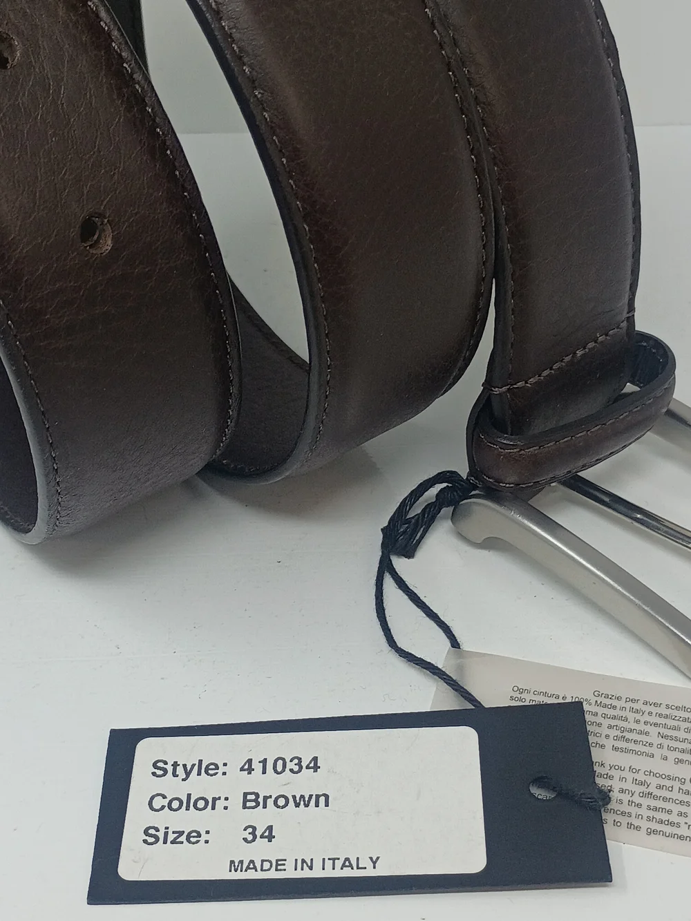 Men's Italian Officina, Brown Genuine Leather Belt with Silver Buckle